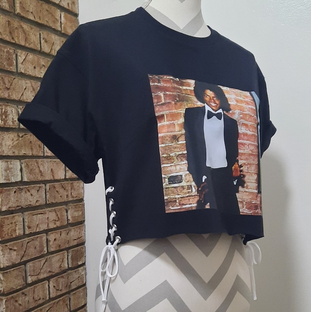 Black Graphic Crop Top with Lace-Up Sides